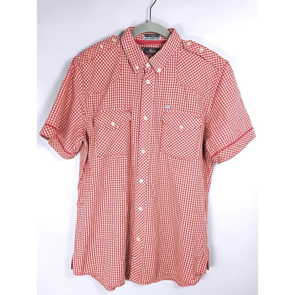 Akoo Gingham‎ Check Button Up Short Sleeve Shirt Mens Large Patches Red Graphic